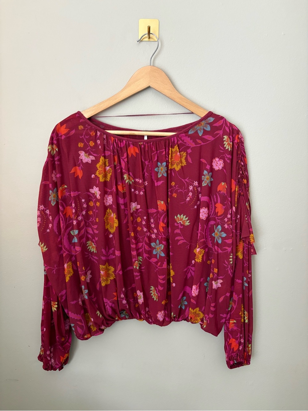 Small Free People Wildflower Honey Floral Long Sleeve Mesh Top Berry Combo